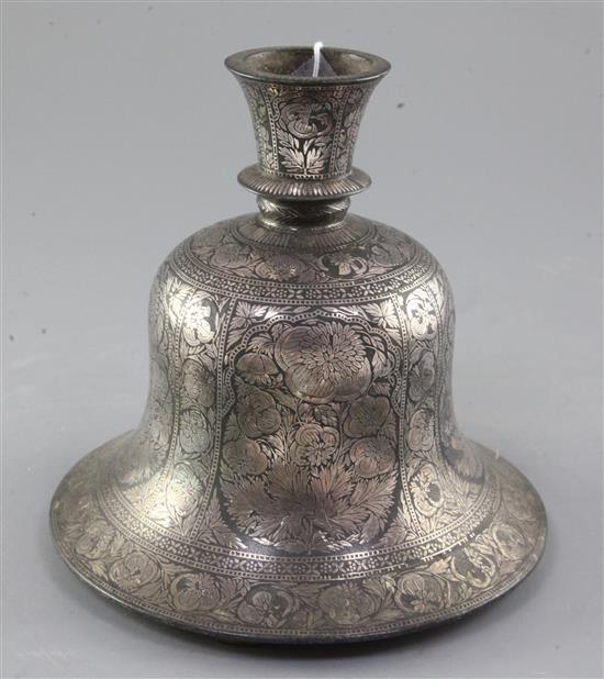 An Indian Bidri ware bell shaped huqqa base, Deccan, 19th century, height 18cm